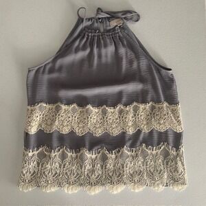 Loft Gray Sleeveless Cami Size M EUC Beige Lace Boho Festival Flowy Shirt